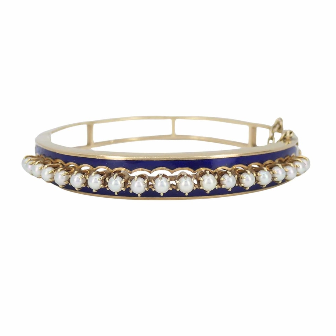 Victorian 14k Gold Pearl Enamel Hinge Bangle Bracelet - 2