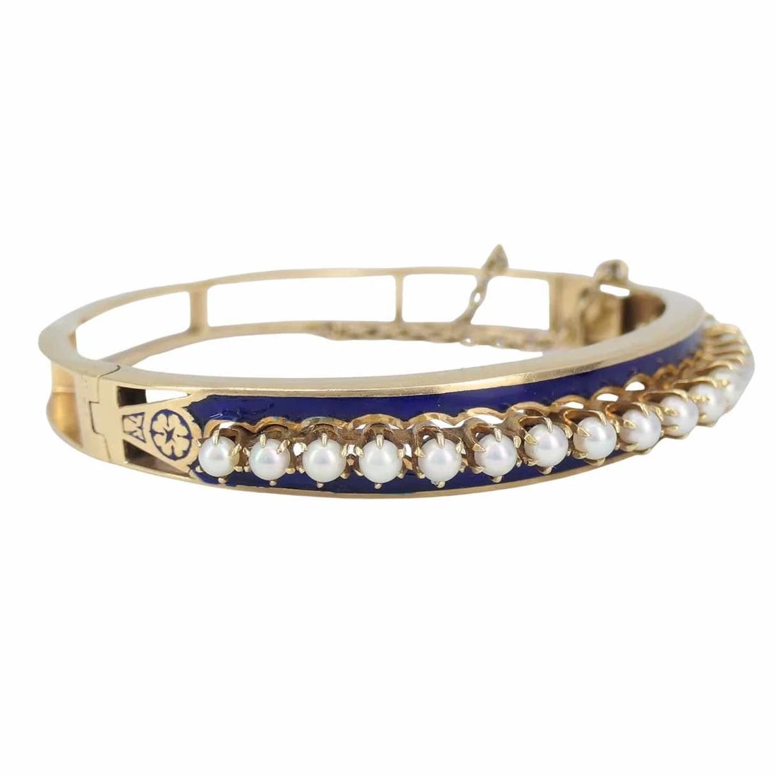 Victorian 14k Gold Pearl Enamel Hinge Bangle Bracelet - 3