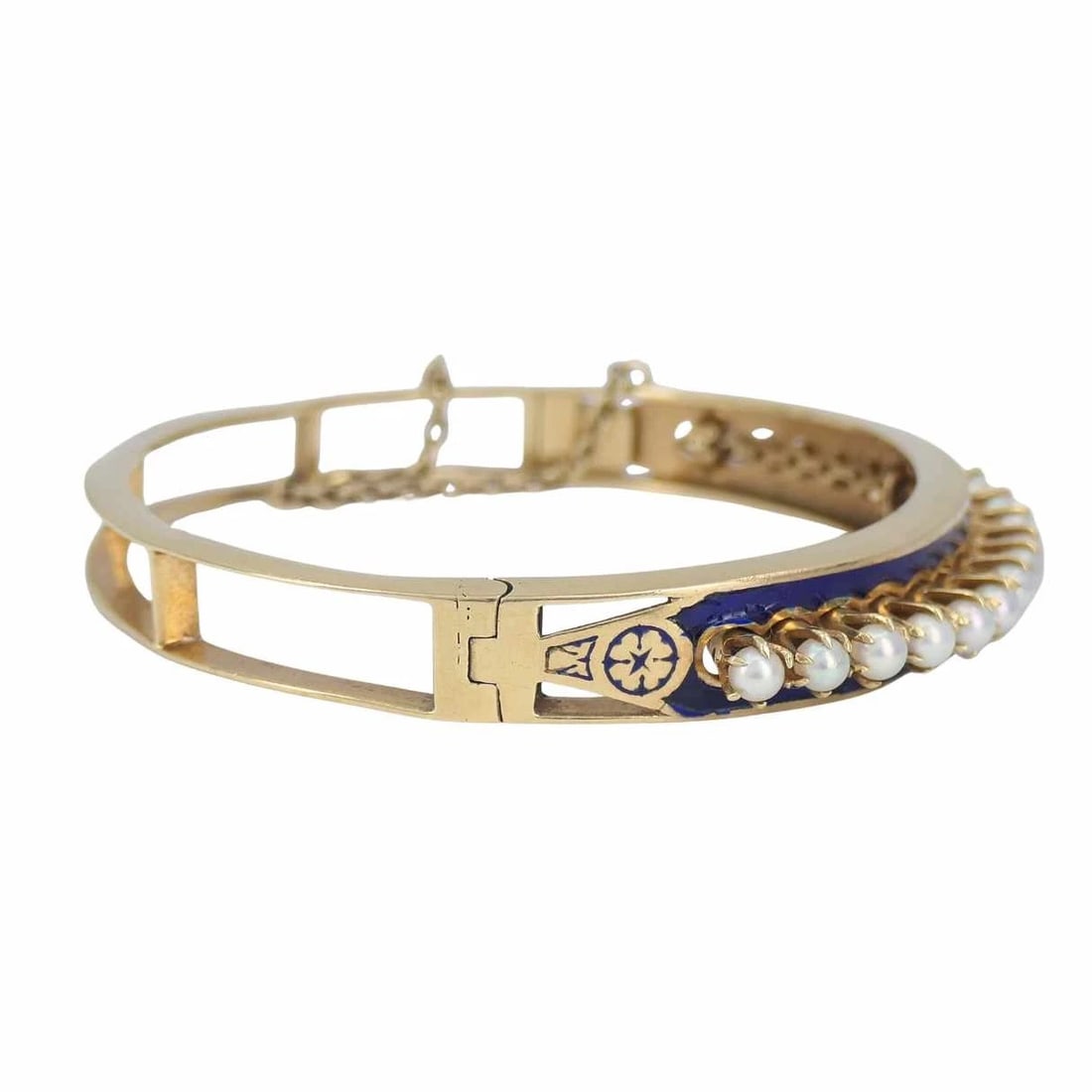 Victorian 14k Gold Pearl Enamel Hinge Bangle Bracelet - 4
