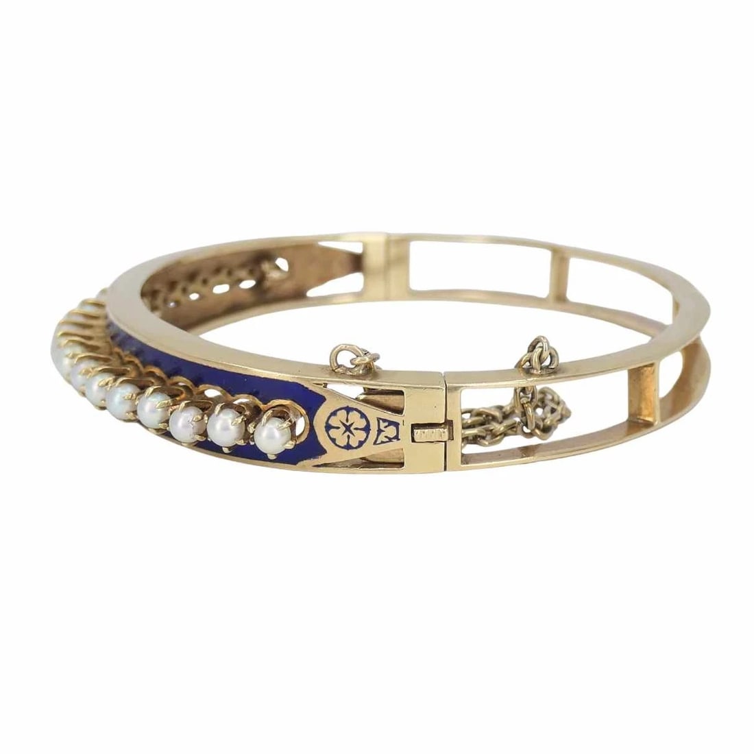 Victorian 14k Gold Pearl Enamel Hinge Bangle Bracelet - 5