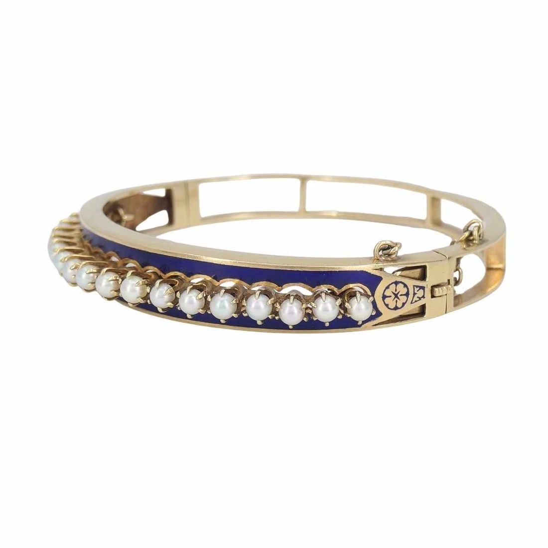 Victorian 14k Gold Pearl Enamel Hinge Bangle Bracelet - 6