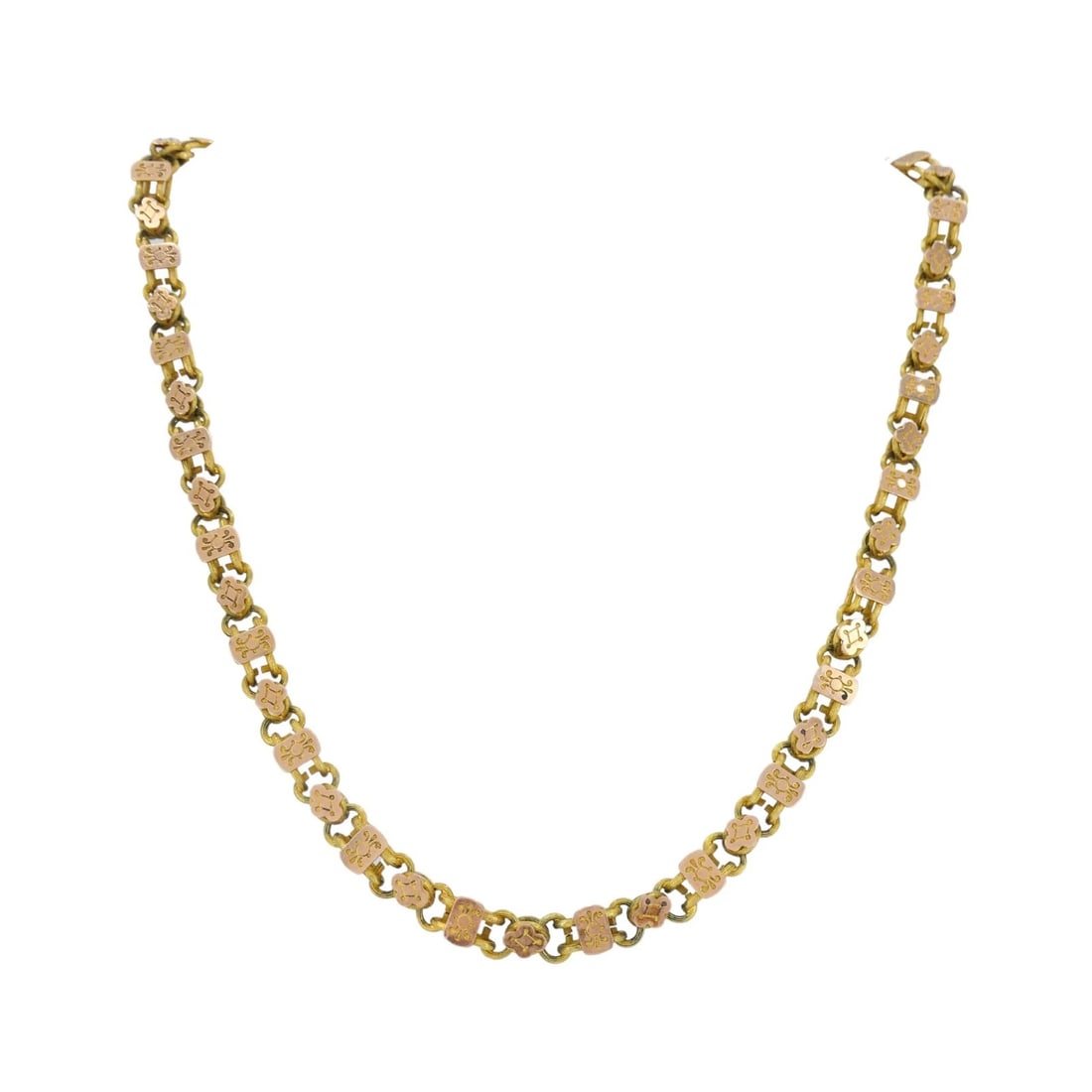 Antique Victorian 14K Two-Tone Gold Ornate Link Chain Necklace: KL JRTO This elegant Victorian-era necklace is crafted in solid 14K gold and features a refined decorative link design with alternating yellow and rose gold plaques, creating a subtle two tone effect 