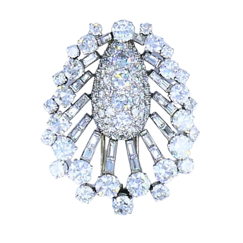 Vintage 1950s Platinum Diamond Peacock BROOCH CLIP Old European Baguette Cut - 2