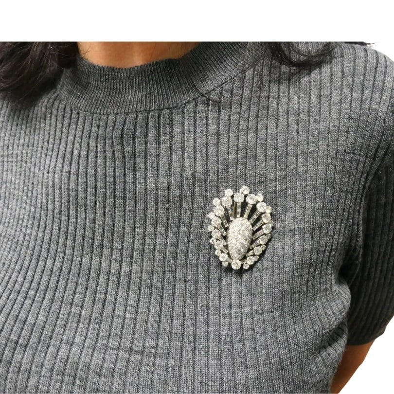 Vintage 1950s Platinum Diamond Peacock BROOCH CLIP Old European Baguette Cut - 3