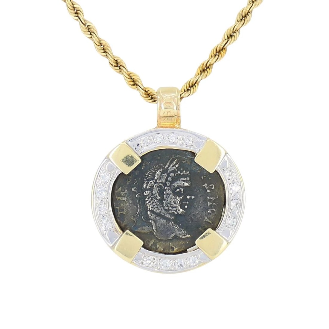 Vintage 14k Gold Diamond Ancient Coin Pendant Necklace - 3