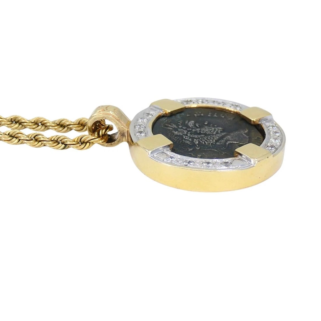 Vintage 14k Gold Diamond Ancient Coin Pendant Necklace - 5