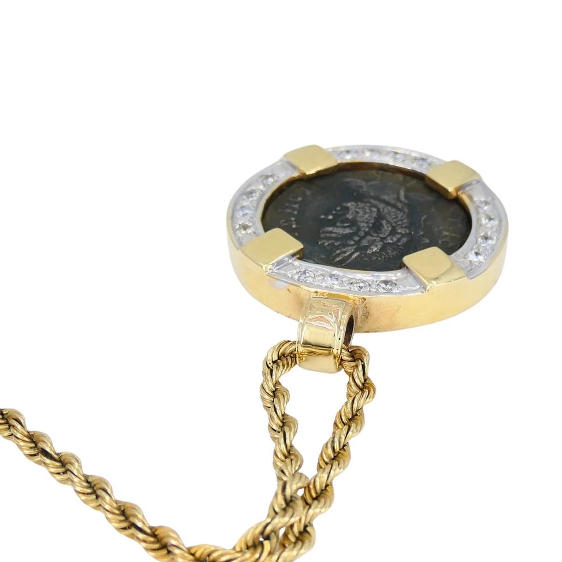 Vintage 14k Gold Diamond Ancient Coin Pendant Necklace - 6