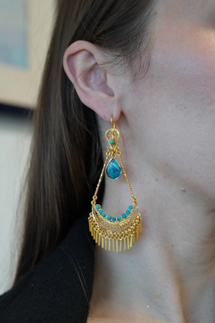 Vintage 18k Gold Turquoise Chandelier Earrings - 2