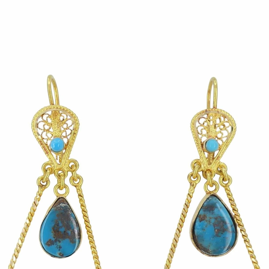 Vintage 18k Gold Turquoise Chandelier Earrings - 5