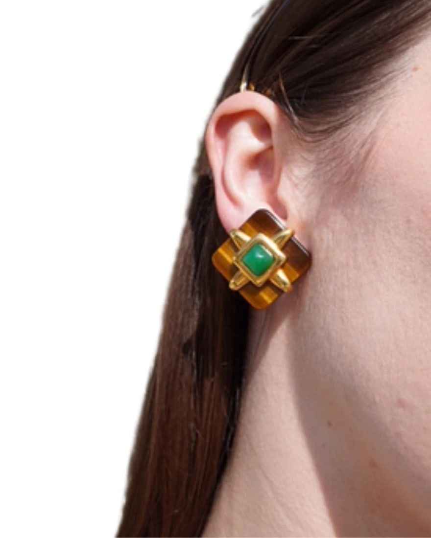Aldo Cipullo Tiger’s Eye Earrings 18k Gold Rhombus Shaped Earrings - 2
