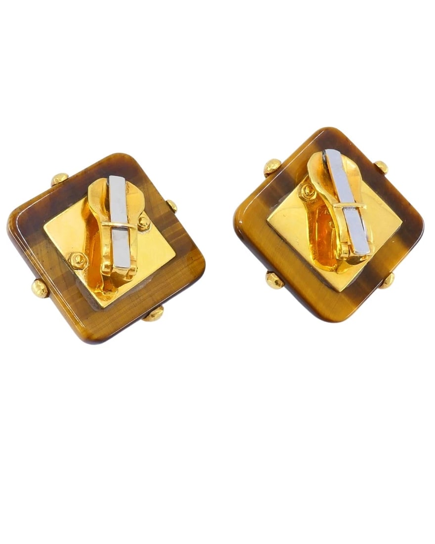 Aldo Cipullo Tiger’s Eye Earrings 18k Gold Rhombus Shaped Earrings - 7
