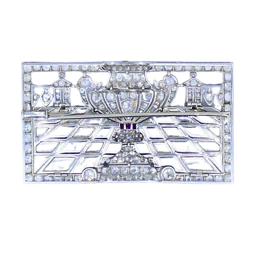 Art Deco Platinum Diamond BROOCH Black Onyx Ruby 1920s Vintage Jewelry - 3