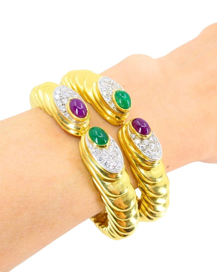 David Webb Pair of Gold Bracelets Platinum Diamond Gemstone Cabochons - 2