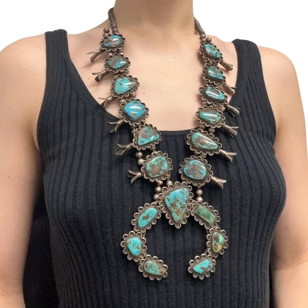 Navajo Sterling Silver Turquoise Signed Squash Blossom Necklace - 2