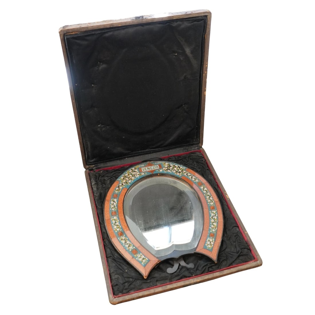 Antique 1900s Italian Micro Mosaic Horseshoe Mirror Stand w/ Box - 2