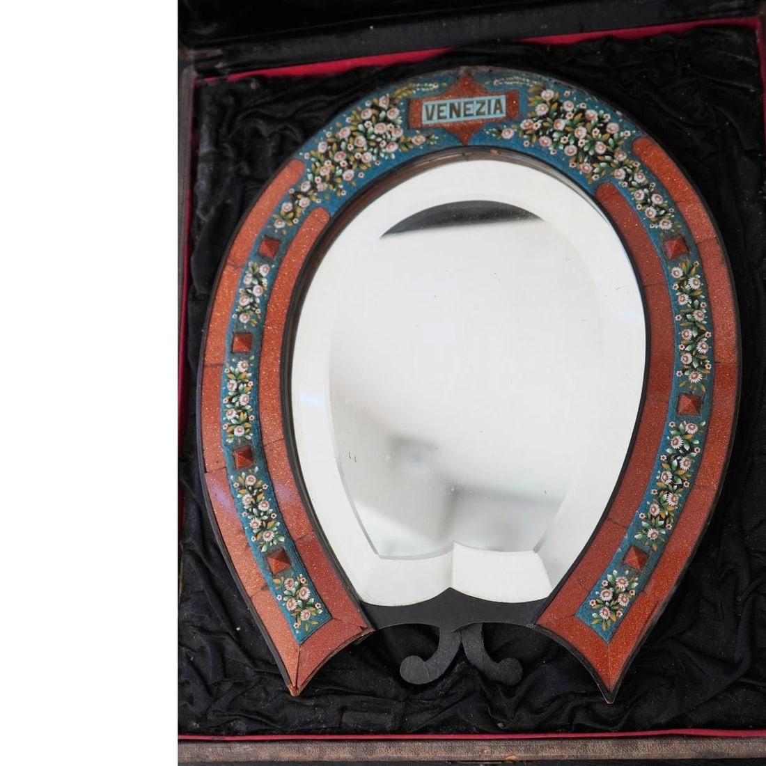 Antique 1900s Italian Micro Mosaic Horseshoe Mirror Stand w/ Box - 3