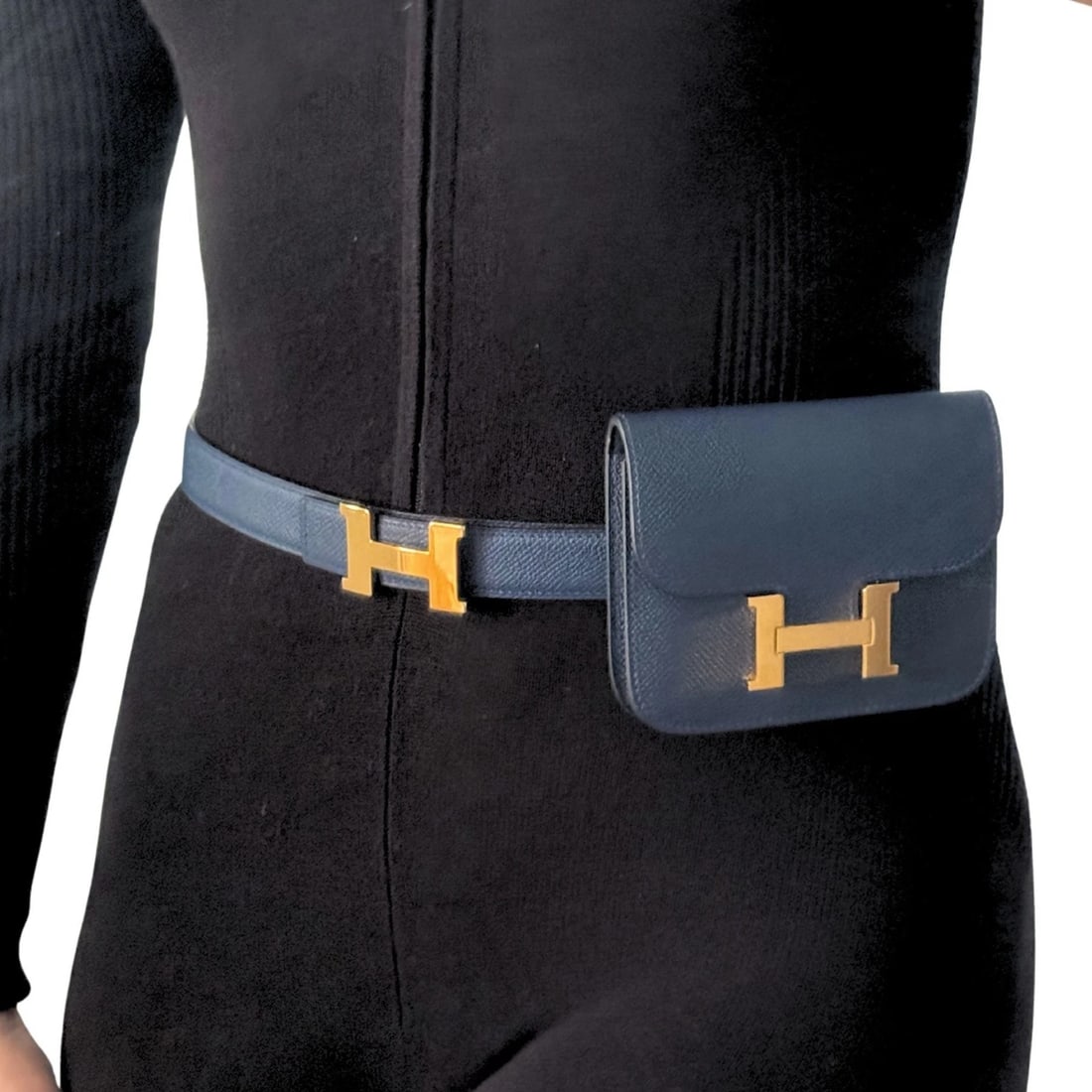 Hermès Constance Belted Wallet in Blue Evercolor Leather with Silk Twilly - 2