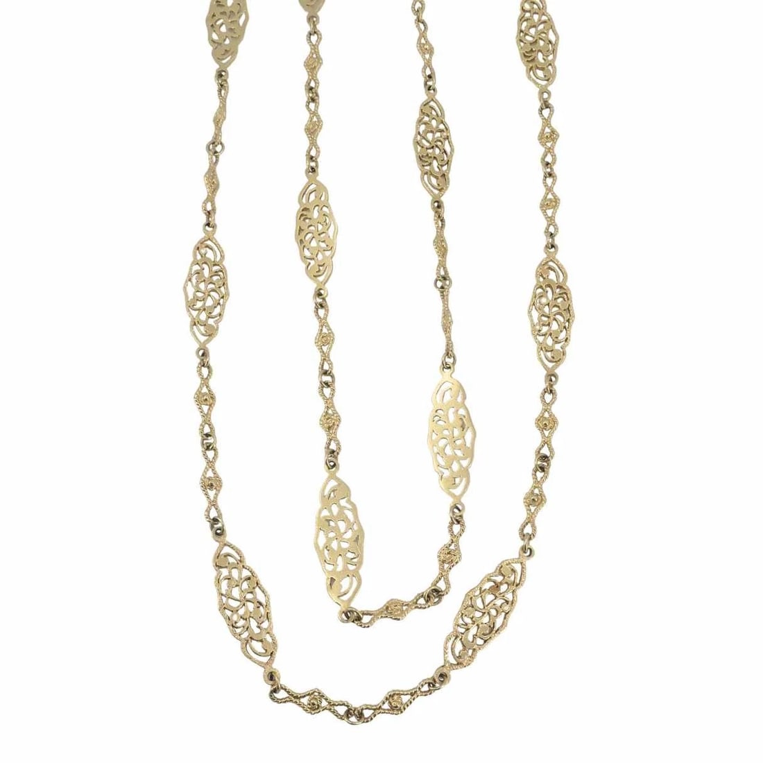 Vintage 14K Gold Openwork Filigree Marquise Long Chain Necklace - 7