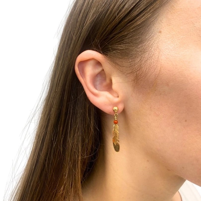 Ray Tracey 14k Gold Navajo Feather Drop Earrings Coral Beads - 2