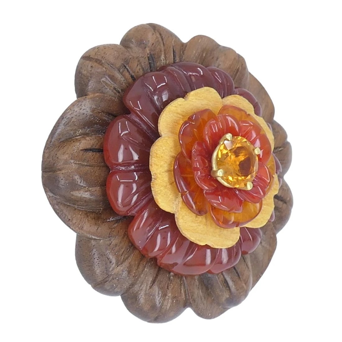 Bettina Gabetti for Trianon Flower Brooch 18k Gold Carved Wood Carnelian Citrine - 5