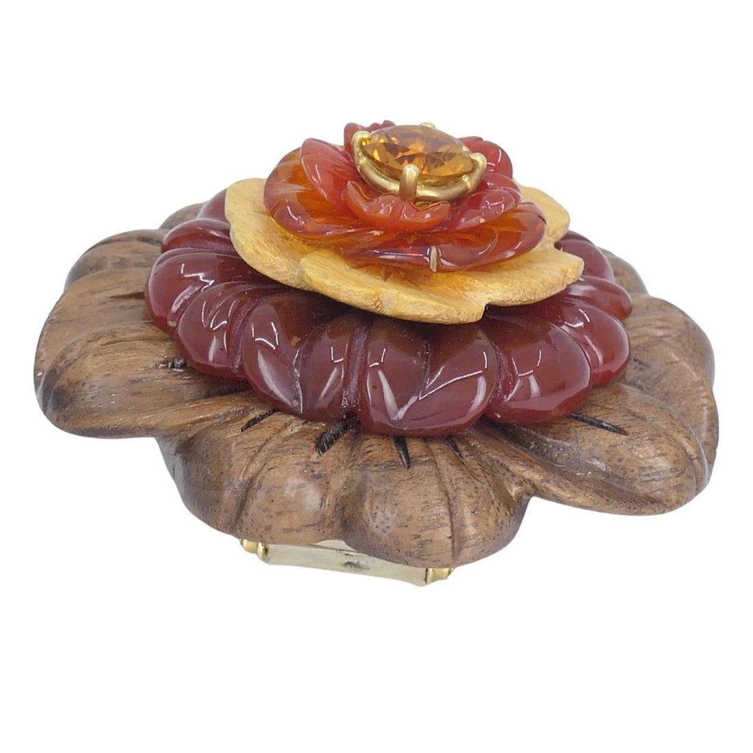 Bettina Gabetti for Trianon Flower Brooch 18k Gold Carved Wood Carnelian Citrine - 7
