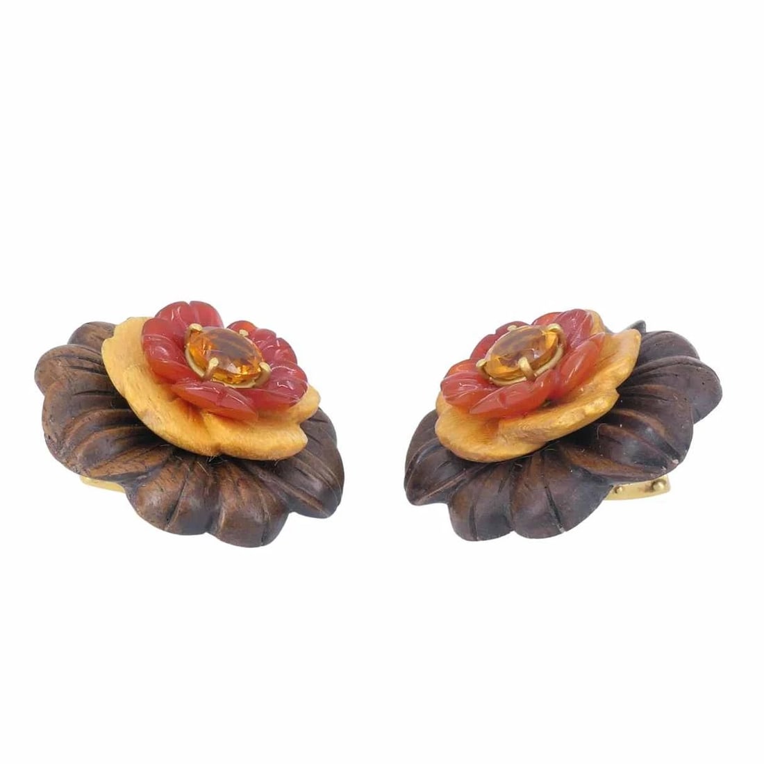 Bettina Gabetti for Trianon Flower Earrings 18k Gold Wood Carnelian Citrine - 7