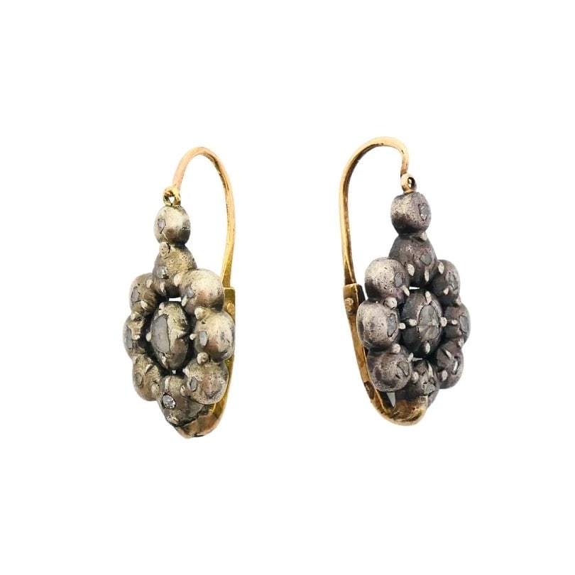Georgian Silver Floral Diamond Cluster Earrings 14k Gold Ear Wires, 1830s - 3