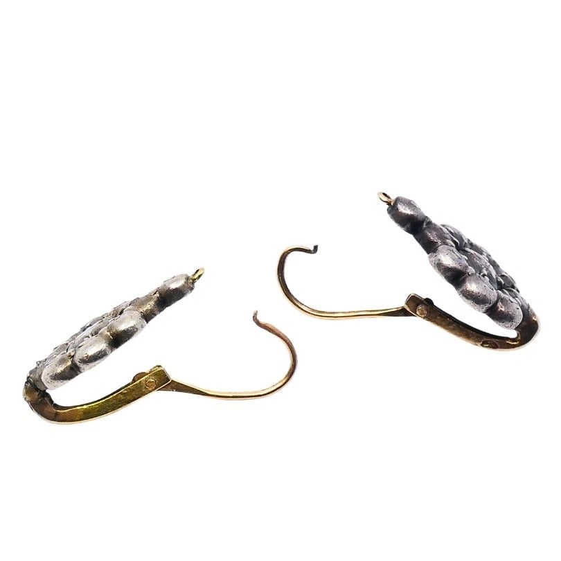 Georgian Silver Floral Diamond Cluster Earrings 14k Gold Ear Wires, 1830s - 4