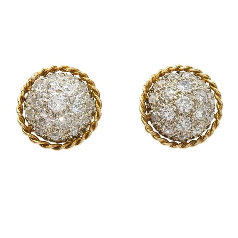 Vintage 14k Diamond Pavé Dome Stud Earrings Rope Edge - 7