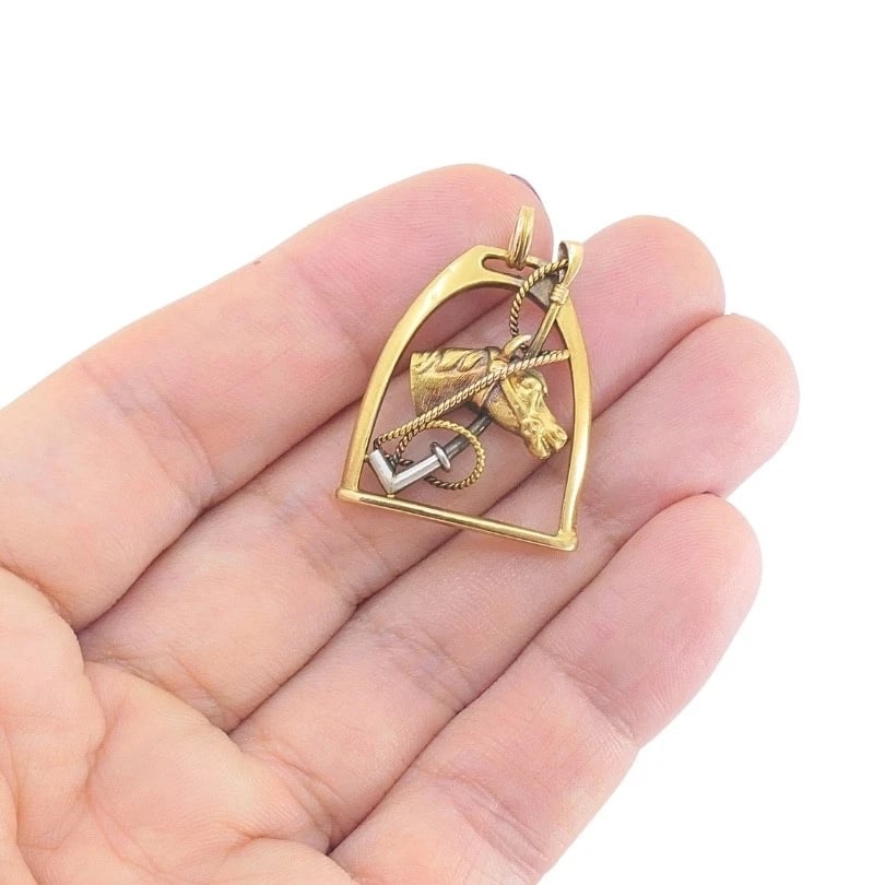 Vintage 14k Gold Equestrian Stirrup Horse Head Pendant - 2