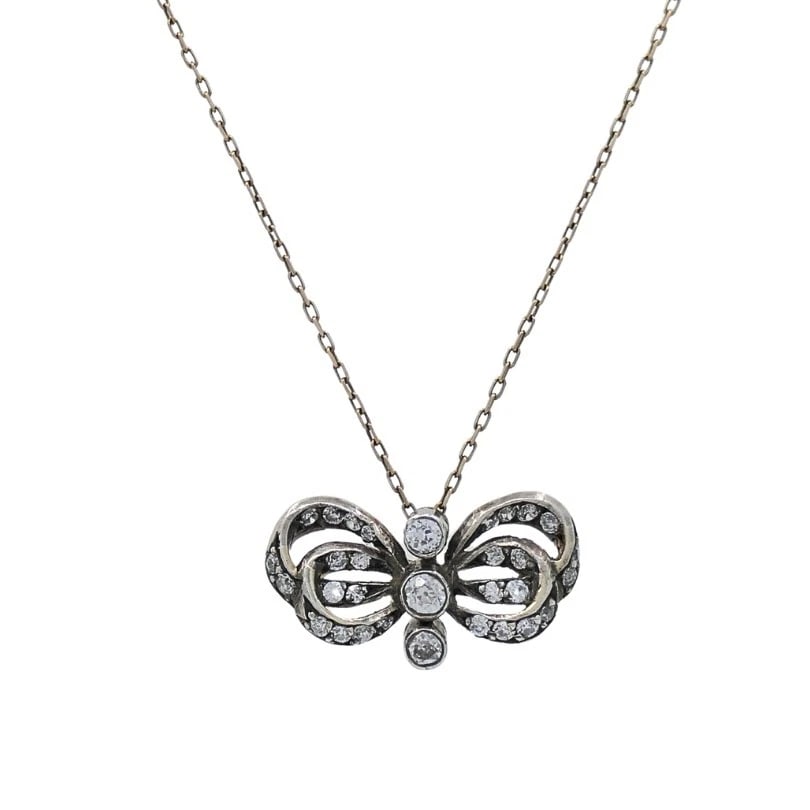 Edwardian Style 10k Gold Diamond Bow Pendant Necklace - 4