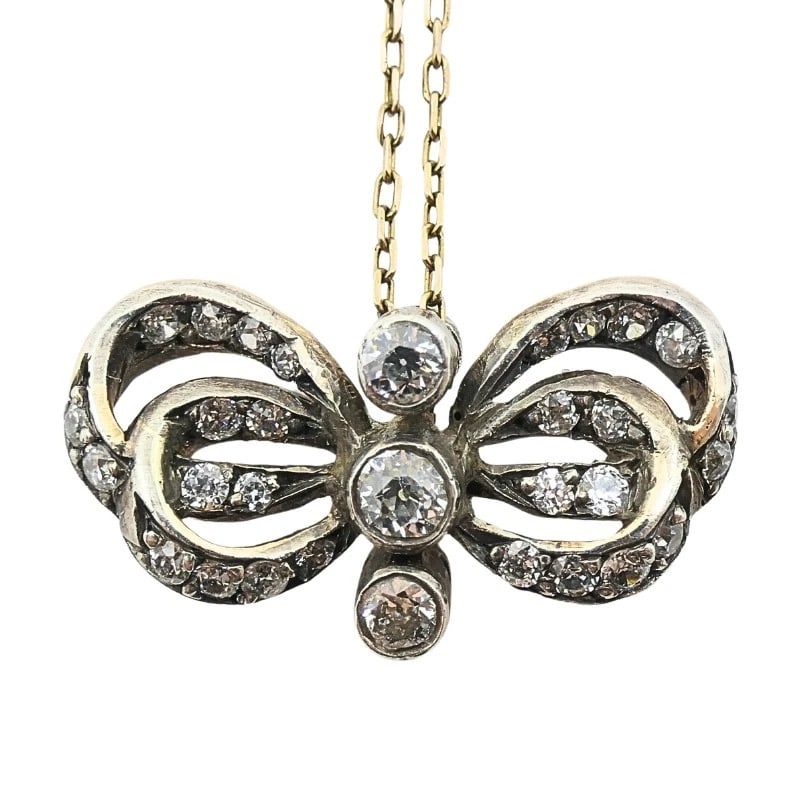 Edwardian Style 10k Gold Diamond Bow Pendant Necklace - 8
