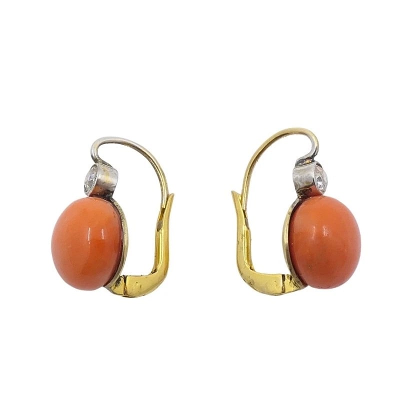 Antique 14k Gold Coral Diamond Accent Drop Earrings - 3