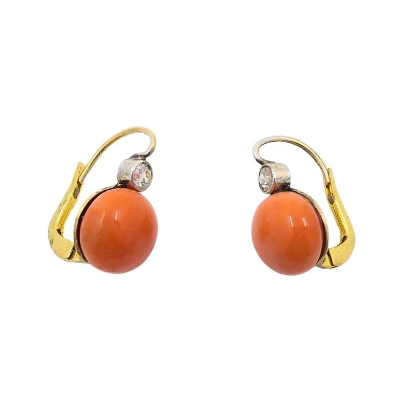 Antique 14k Gold Coral Diamond Accent Drop Earrings - 4