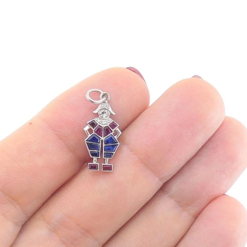 Antique Platinum Pierrot Charm Diamond & Calibré-Cut Gemstones - 2