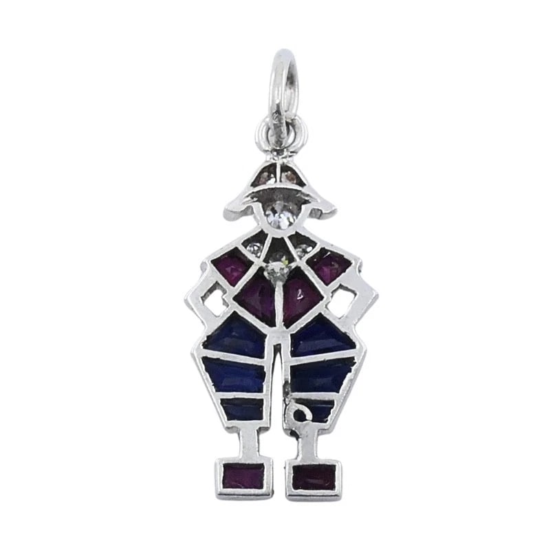Antique Platinum Pierrot Charm Diamond & Calibré-Cut Gemstones - 7