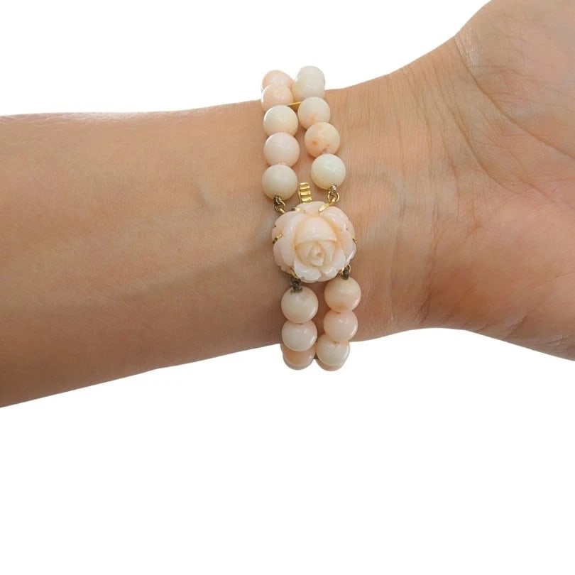 Baume & Mercier 14k Angel Skin Coral Double Strand Bracelet Watch, 1960s - 4