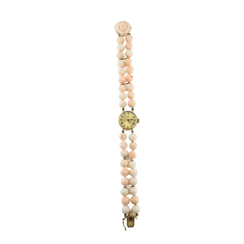 Baume & Mercier 14k Angel Skin Coral Double Strand Bracelet Watch, 1960s - 8