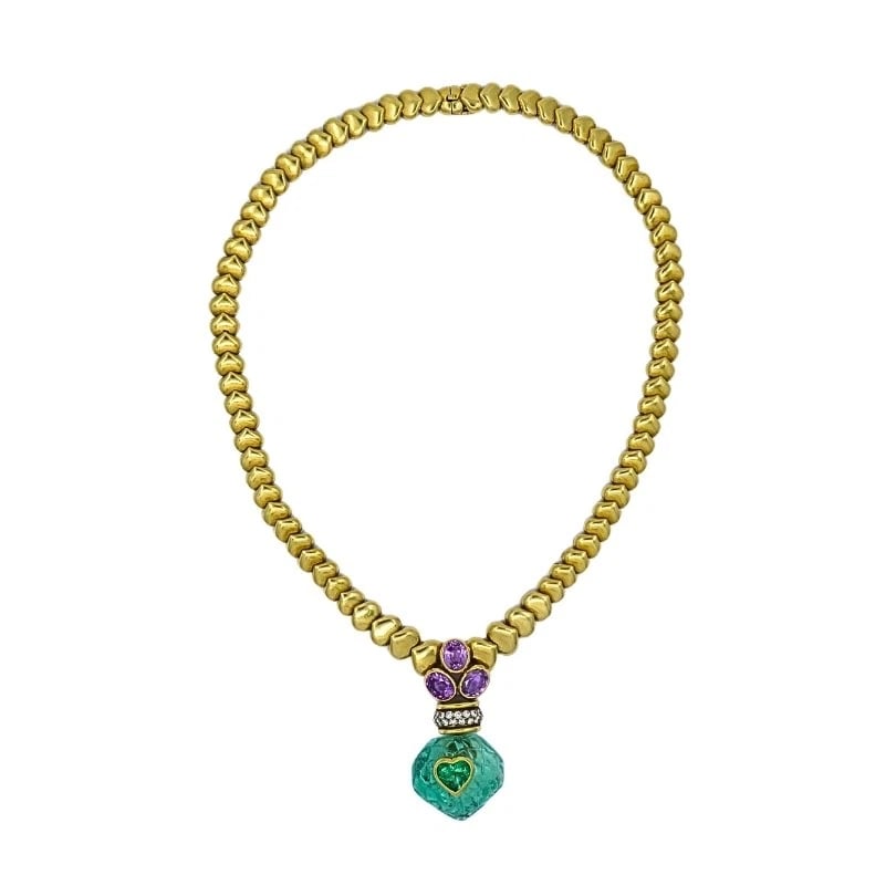 André Vassort 18k Gold Colombian Emerald Heart Necklace Sapphire Diamond GIA - 3