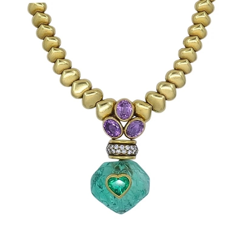 André Vassort 18k Gold Colombian Emerald Heart Necklace Sapphire Diamond GIA - 4