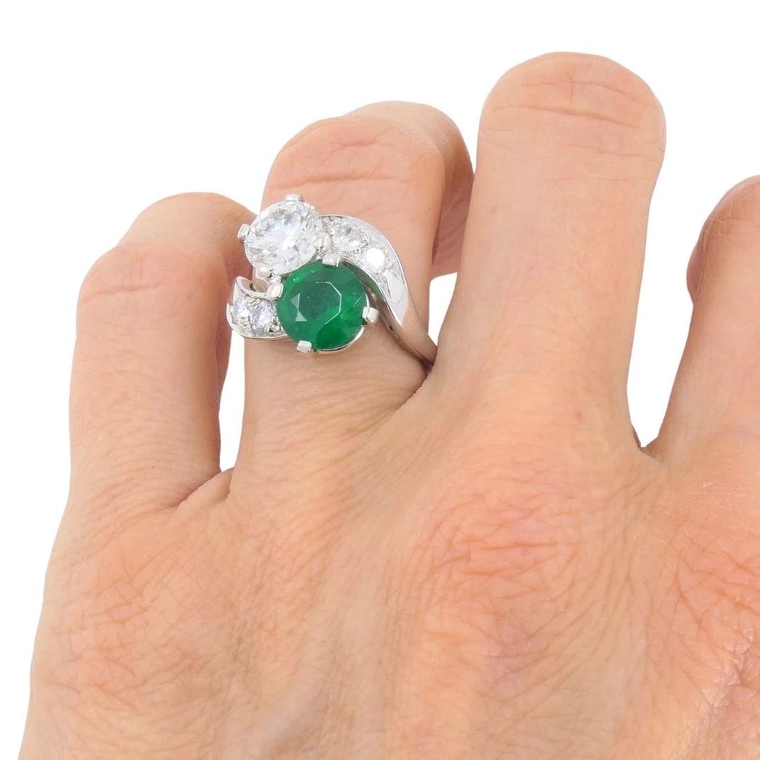 Vintage Platinum Toi et Moi Engagement Ring Diamond Emerald - 2