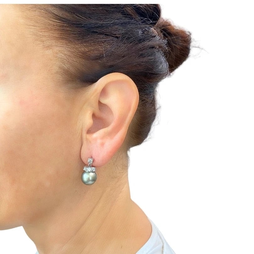 Tahitian Pearl Diamond 14k Gold Stud Earrings - 2