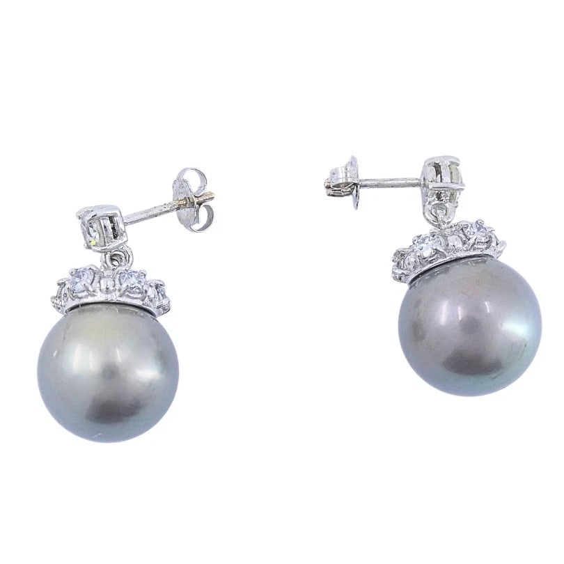Tahitian Pearl Diamond 14k Gold Stud Earrings - 7