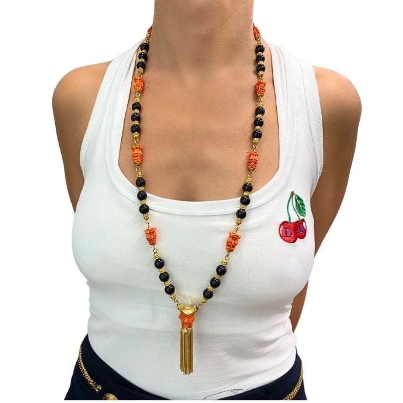 Vintage 18k Gold Carved Coral Devil Mask Onyx Tassel Necklace - 2