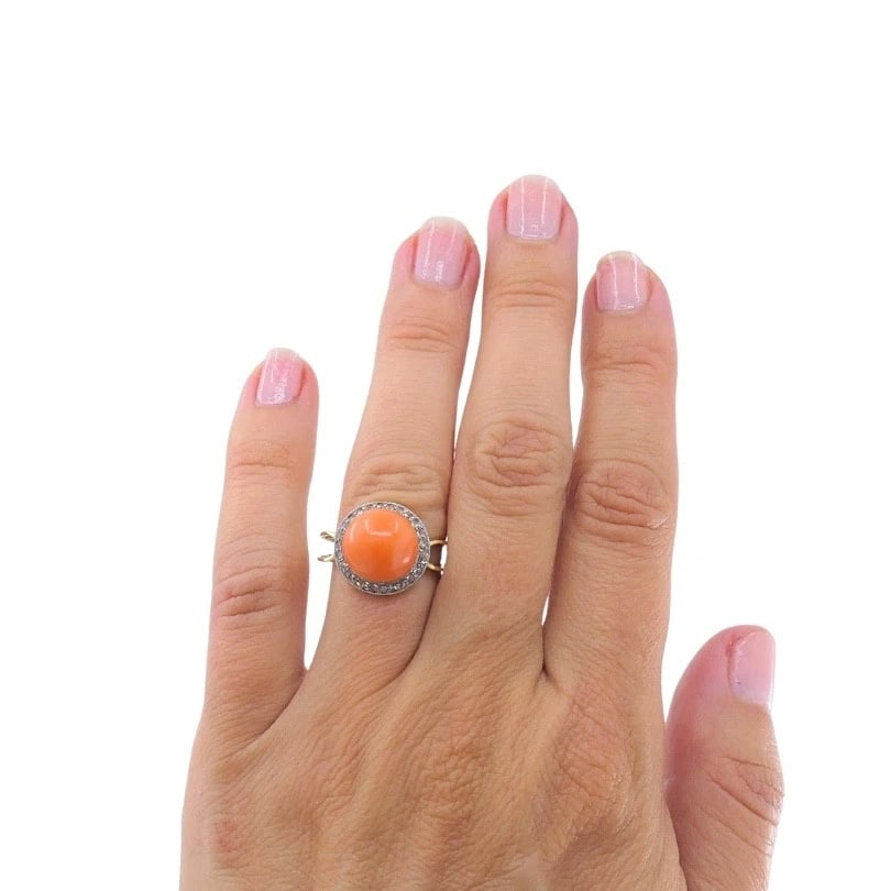 Vintage 14k Gold Coral Cabochon Diamond Halo Ring - 2