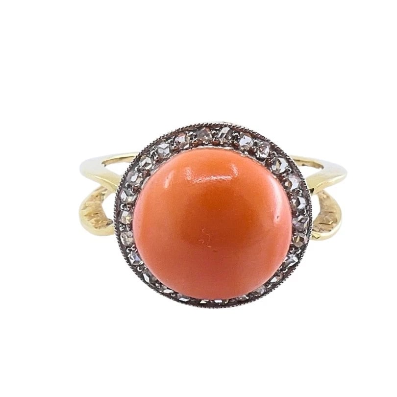 Vintage 14k Gold Coral Cabochon Diamond Halo Ring - 7