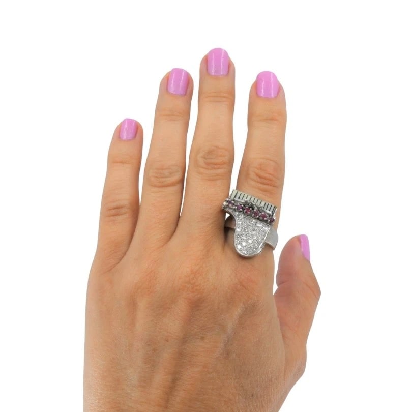 Vintage 14k Gold Grand Piano Diamond Gemstone Ring - 2