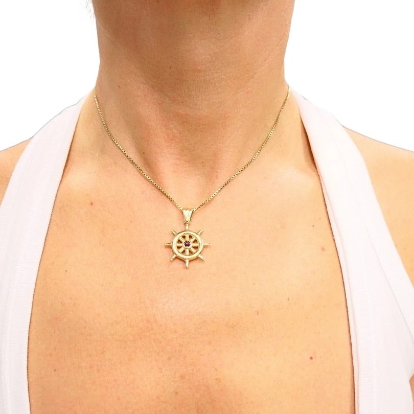 14K Gold Nautical Wheel Pendant Necklace Diamond Accent - 2