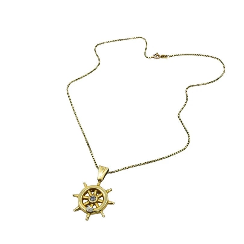 14K Gold Nautical Wheel Pendant Necklace Diamond Accent - 3