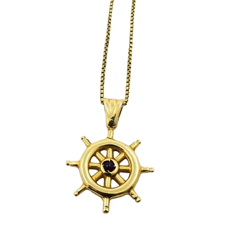 14K Gold Nautical Wheel Pendant Necklace Diamond Accent - 5